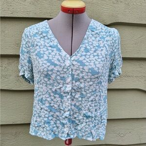 Vintage Propaganda Turquoise Blue Floral Button-Up Blouse Tee
